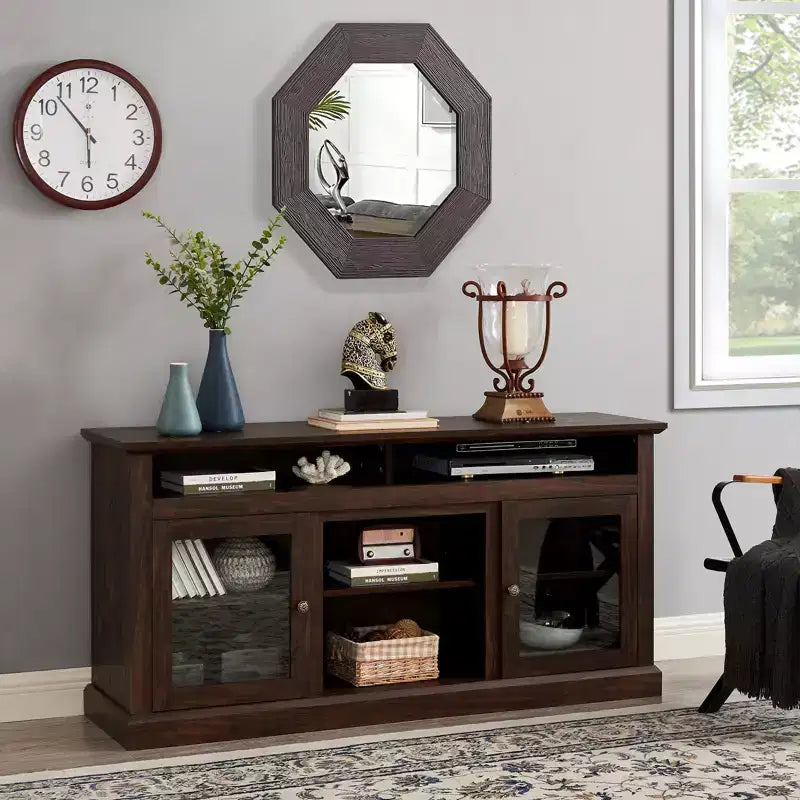60 Inch TV Stand for TVs Up to 65 Inch, Entertainment Center with Cable Management, Classic Brown Console for Living Room
