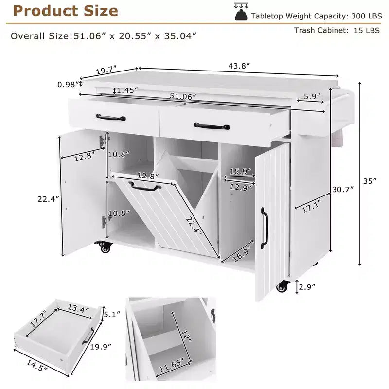 sumyeg Kitchen Island Cart with Trash Can Storage, Drop Leaf, Spice Rack, Towel Rack and Drawer, Rolling Cart with Adjustable Shelf for Kitchen