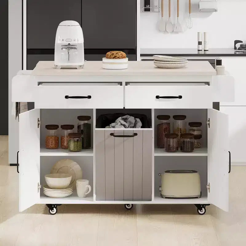 sumyeg Kitchen Island Cart with Trash Can Storage, Drop Leaf, Spice Rack, Towel Rack and Drawer, Rolling Cart with Adjustable Shelf for Kitchen