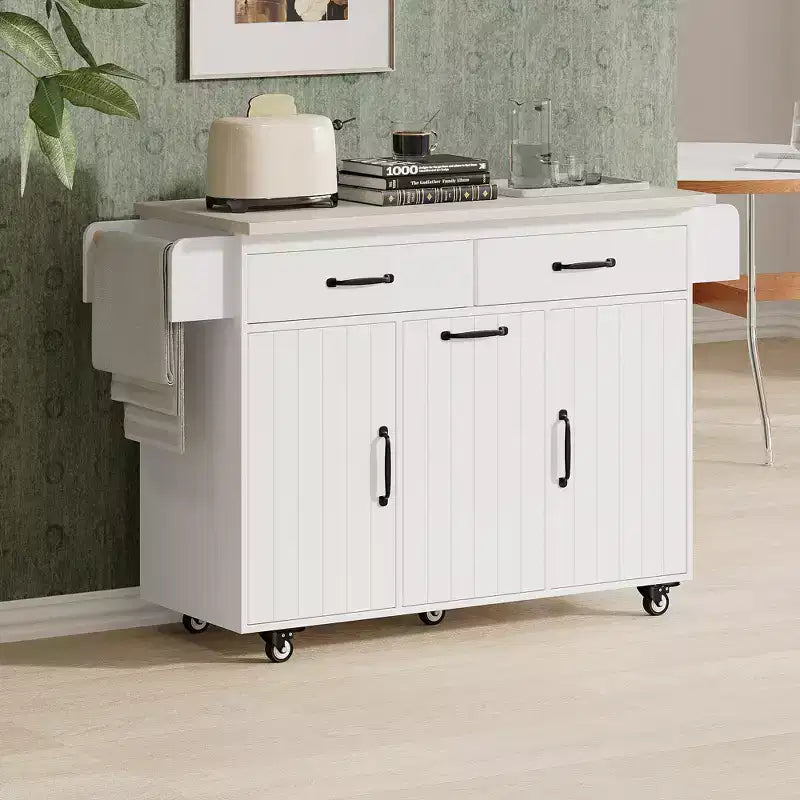 sumyeg Kitchen Island Cart with Trash Can Storage, Drop Leaf, Spice Rack, Towel Rack and Drawer, Rolling Cart with Adjustable Shelf for Kitchen