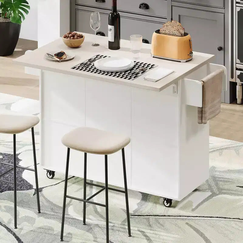 sumyeg Kitchen Island Cart with Trash Can Storage, Drop Leaf, Spice Rack, Towel Rack and Drawer, Rolling Cart with Adjustable Shelf for Kitchen