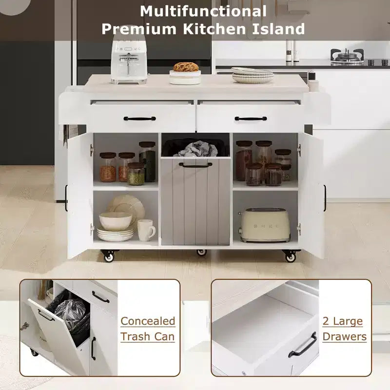 sumyeg Kitchen Island Cart with Trash Can Storage, Drop Leaf, Spice Rack, Towel Rack and Drawer, Rolling Cart with Adjustable Shelf for Kitchen