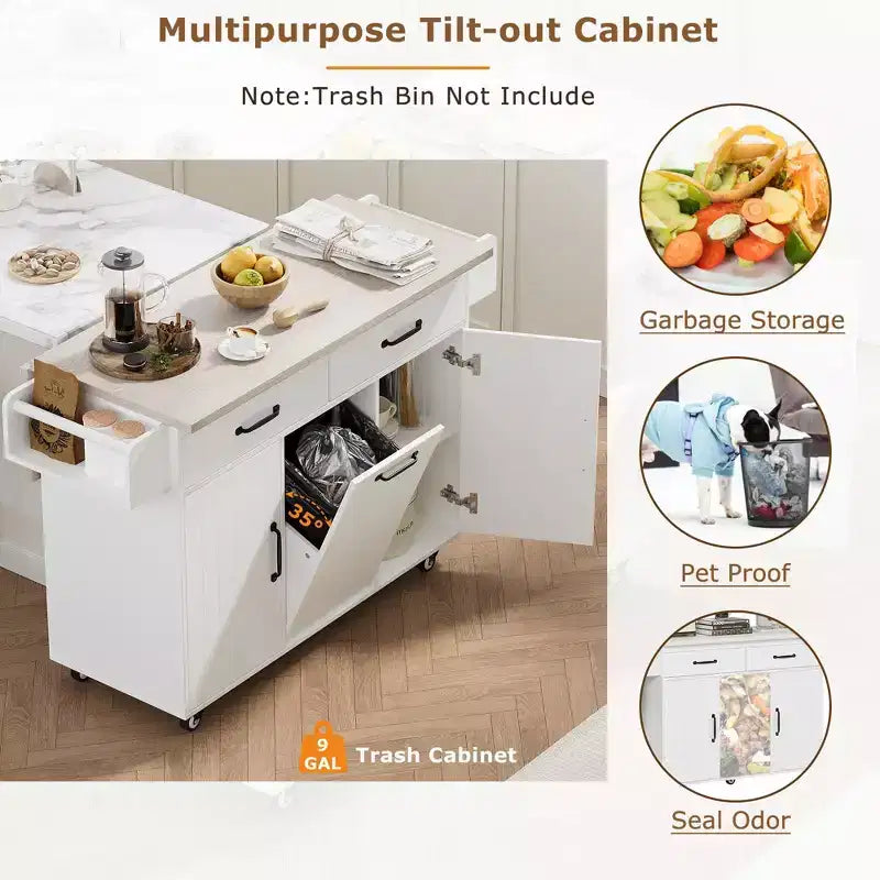sumyeg Kitchen Island Cart with Trash Can Storage, Drop Leaf, Spice Rack, Towel Rack and Drawer, Rolling Cart with Adjustable Shelf for Kitchen