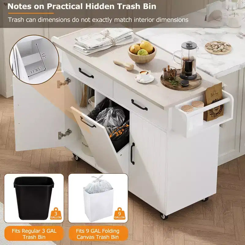 sumyeg Kitchen Island Cart with Trash Can Storage, Drop Leaf, Spice Rack, Towel Rack and Drawer, Rolling Cart with Adjustable Shelf for Kitchen