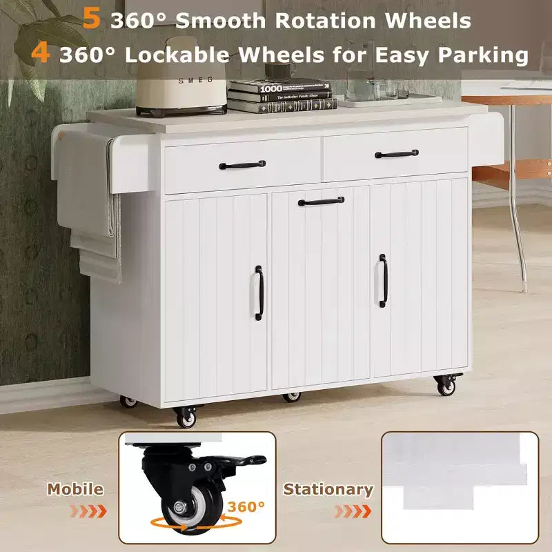 sumyeg Kitchen Island Cart with Trash Can Storage, Drop Leaf, Spice Rack, Towel Rack and Drawer, Rolling Cart with Adjustable Shelf for Kitchen