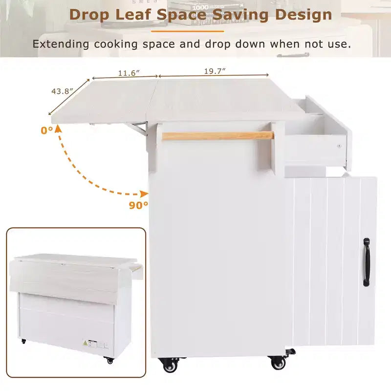 sumyeg Kitchen Island Cart with Trash Can Storage, Drop Leaf, Spice Rack, Towel Rack and Drawer, Rolling Cart with Adjustable Shelf for Kitchen
