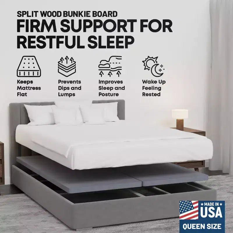 Continental Sleep, Premium 38mm Solid Surface Wood Bunkie Board Queen Size Bed Frames, 4-Piece Under Mattress Support Board