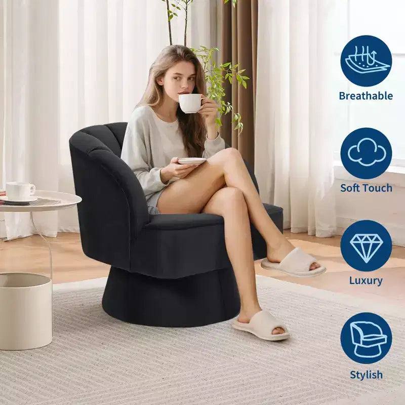 Modern Swivel Barrel Accent Chair, 360 Degree Velvet Upholstered Armchair with Striped Backrest & Plush Padding, Comfy Round Lounge Chair 2 PCS