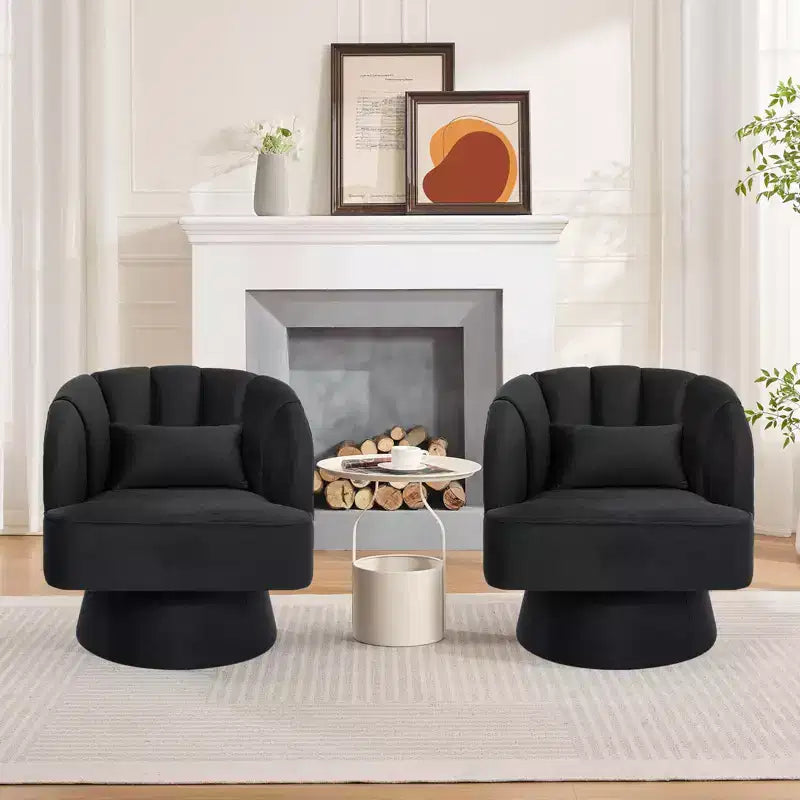 Modern Swivel Barrel Accent Chair, 360 Degree Velvet Upholstered Armchair with Striped Backrest & Plush Padding, Comfy Round Lounge Chair 2 PCS