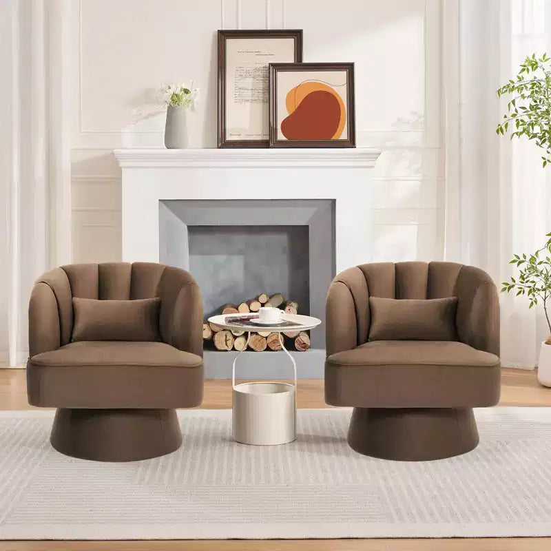 Modern Swivel Barrel Accent Chair, 360 Degree Velvet Upholstered Armchair with Striped Backrest & Plush Padding, Comfy Round Lounge Chair 2 PCS