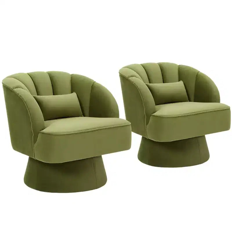Modern Swivel Barrel Accent Chair, 360 Degree Velvet Upholstered Armchair with Striped Backrest & Plush Padding, Comfy Round Lounge Chair 2 PCS