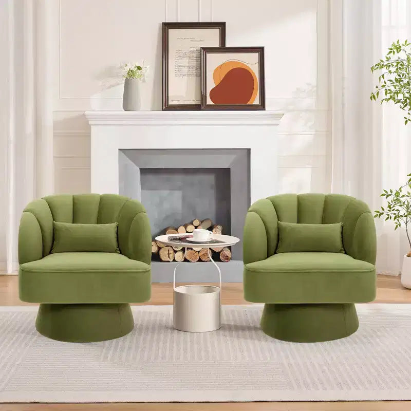 Modern Swivel Barrel Accent Chair, 360 Degree Velvet Upholstered Armchair with Striped Backrest & Plush Padding, Comfy Round Lounge Chair 2 PCS