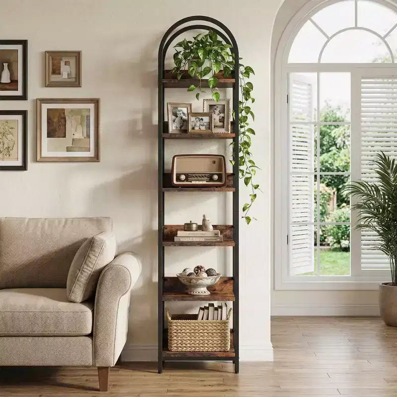 MAYEERTY 6-Tier Arched Corner Bookshelf, 78.7 Tall Curved Top Storage Bookcase