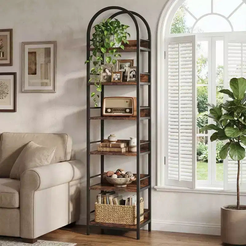 MAYEERTY 6-Tier Arched Corner Bookshelf, 78.7 Tall Curved Top Storage Bookcase