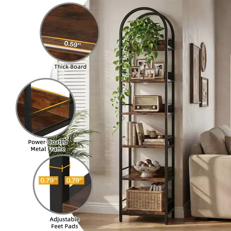 MAYEERTY 6-Tier Arched Corner Bookshelf, 78.7 Tall Curved Top Storage Bookcase