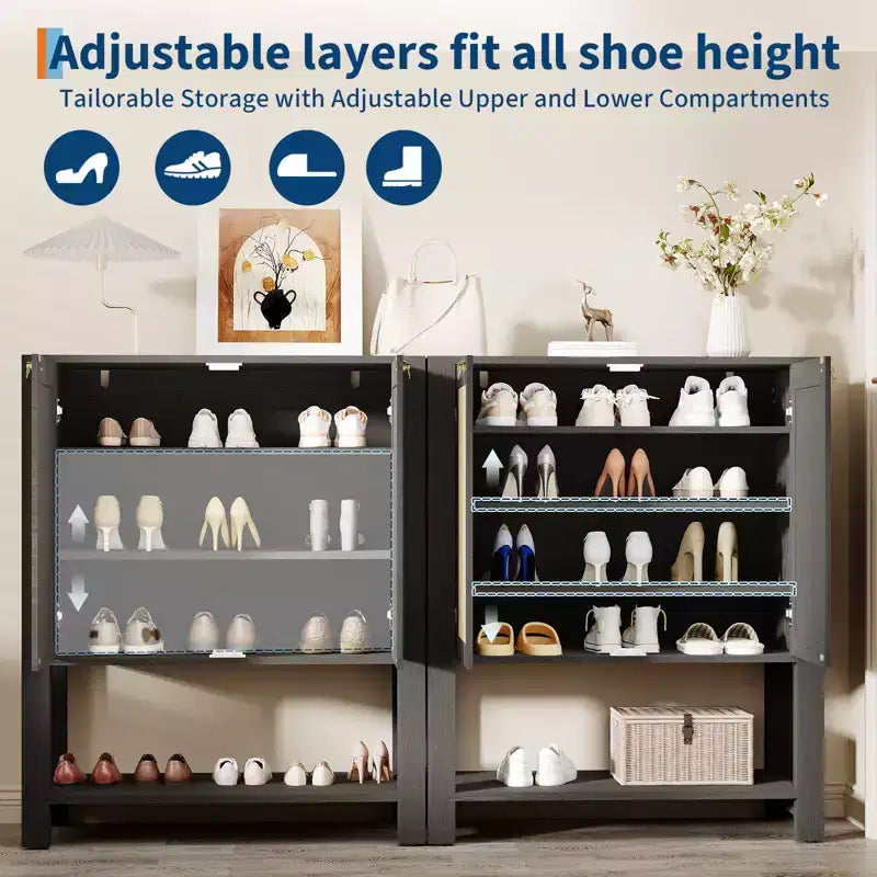 Rattan Shoe Cabinet for Entryway,Farmhouse Organizer Rack Narrow Shoe Storage Cabinet with 2 Doors for Foyer Hallway Living Room