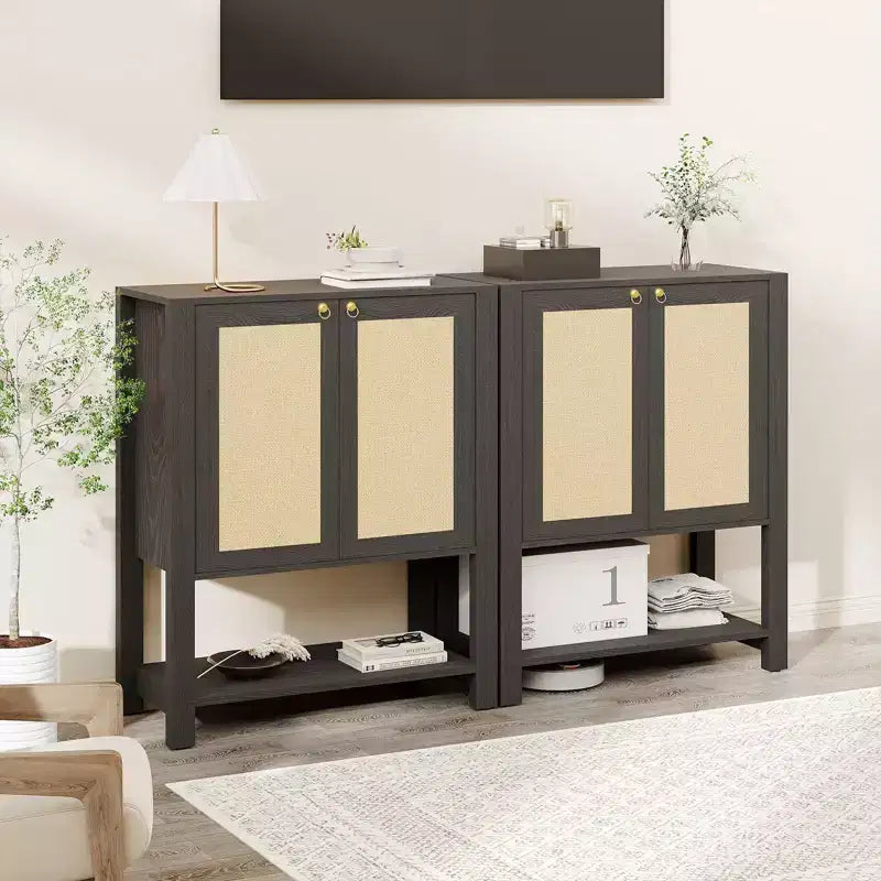 Rattan Shoe Cabinet for Entryway,Farmhouse Organizer Rack Narrow Shoe Storage Cabinet with 2 Doors for Foyer Hallway Living Room