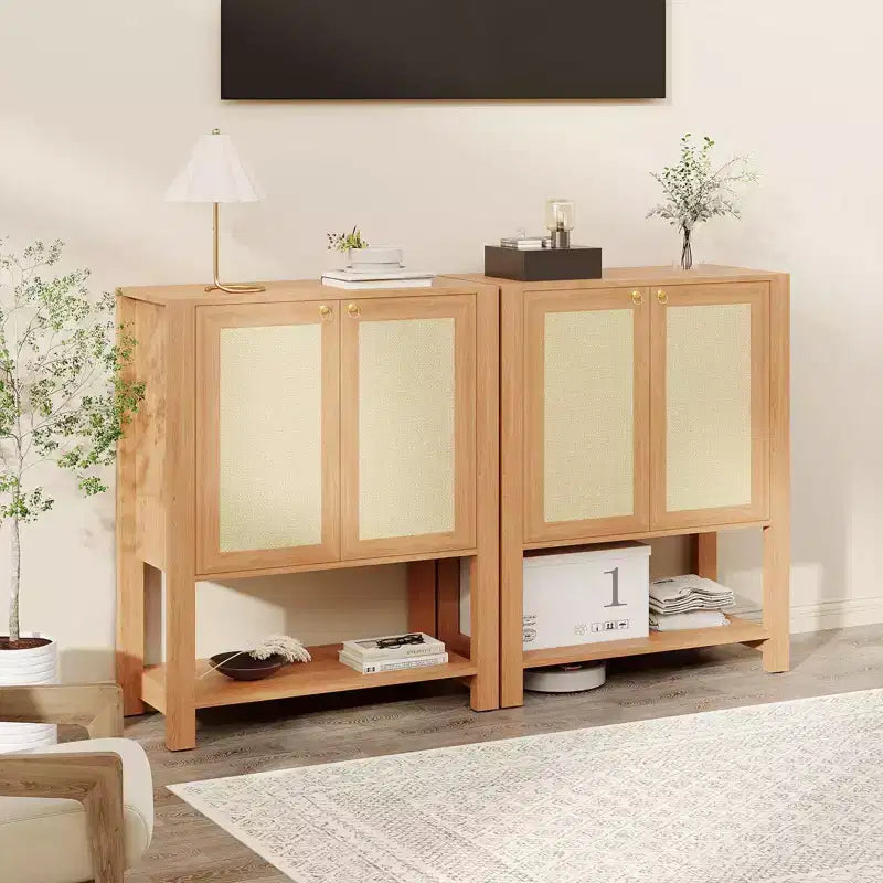 Rattan Shoe Cabinet for Entryway,Farmhouse Organizer Rack Narrow Shoe Storage Cabinet with 2 Doors for Foyer Hallway Living Room