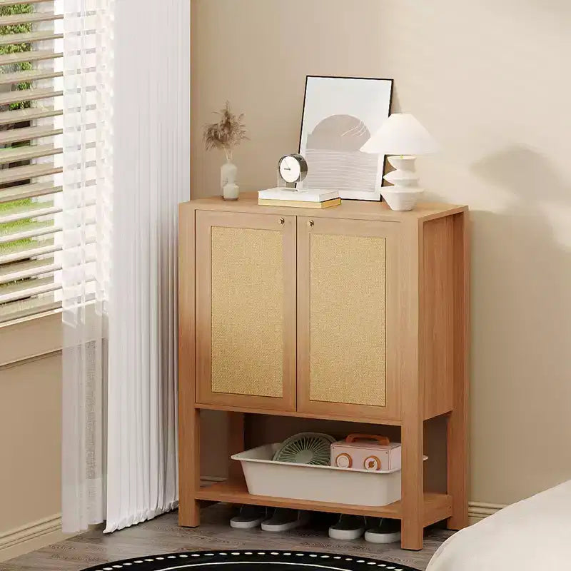 Rattan Shoe Cabinet for Entryway,Farmhouse Organizer Rack Narrow Shoe Storage Cabinet with 2 Doors for Foyer Hallway Living Room