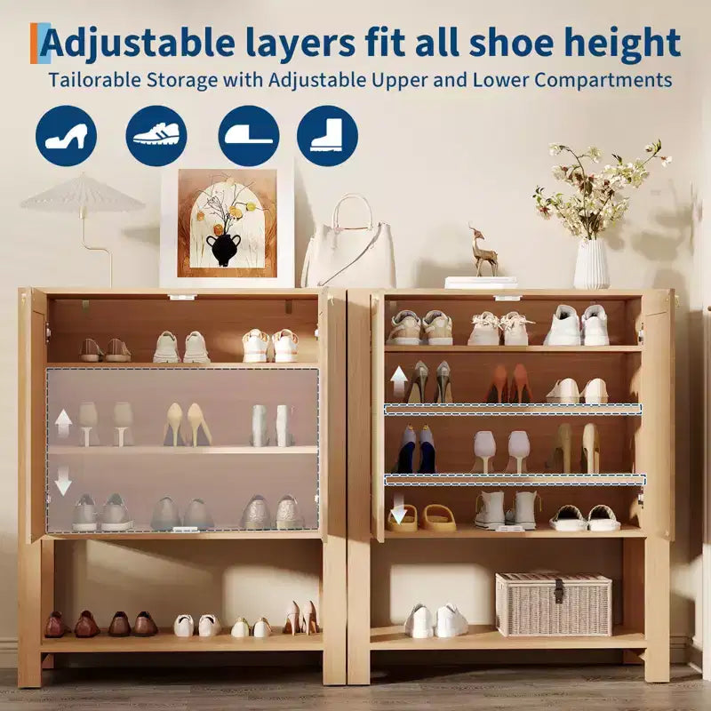 Rattan Shoe Cabinet for Entryway,Farmhouse Organizer Rack Narrow Shoe Storage Cabinet with 2 Doors for Foyer Hallway Living Room