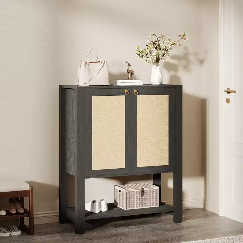 Rattan Shoe Cabinet for Entryway,Farmhouse Organizer Rack Narrow Shoe Storage Cabinet with 2 Doors for Foyer Hallway Living Room