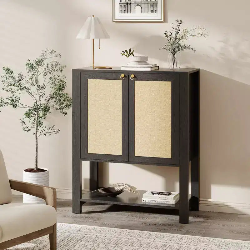 Rattan Shoe Cabinet for Entryway,Farmhouse Organizer Rack Narrow Shoe Storage Cabinet with 2 Doors for Foyer Hallway Living Room
