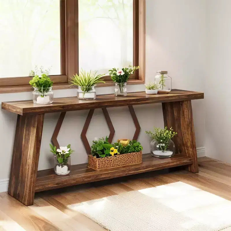 MAYEERTY 70.86 Extra Long 2-Tier Console Table, Rustic Sofa Table with Metal Frame
