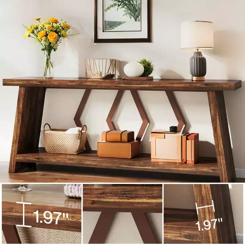 MAYEERTY 70.86 Extra Long 2-Tier Console Table, Rustic Sofa Table with Metal Frame