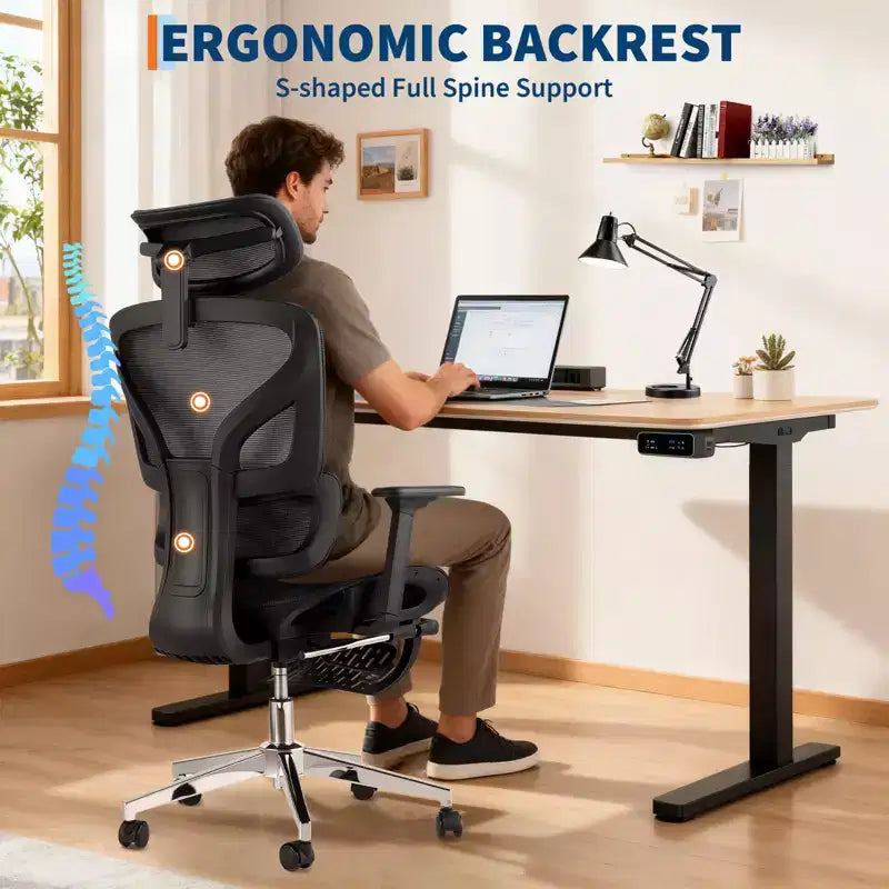 Ergonomic Office Chair with Footrest, Mesh Computer Desk Chair with Adjustable Lumbar Support, Headrest and Armrest, for Office