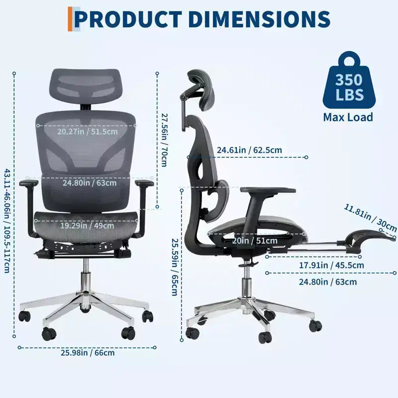 Ergonomic Office Chair with Footrest, Mesh Computer Desk Chair with Adjustable Lumbar Support, Headrest and Armrest, for Office