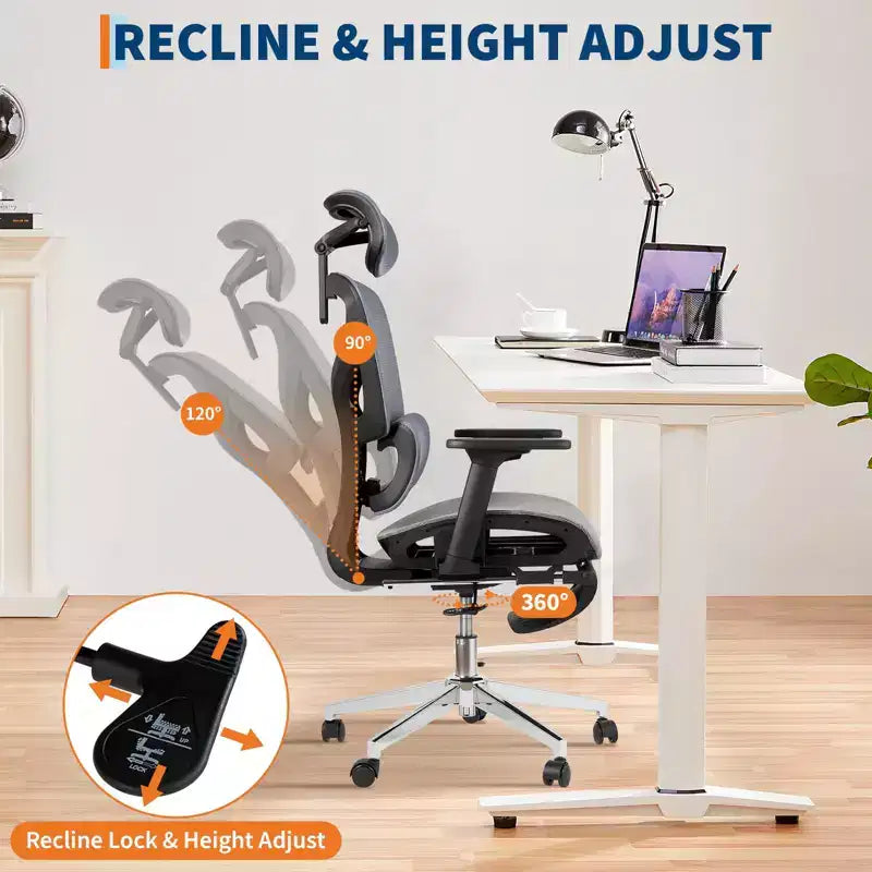 Ergonomic Office Chair with Footrest, Mesh Computer Desk Chair with Adjustable Lumbar Support, Headrest and Armrest, for Office