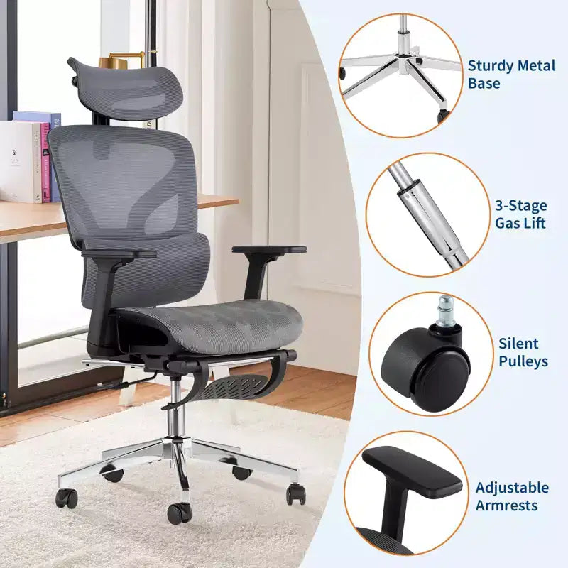 Ergonomic Office Chair with Footrest, Mesh Computer Desk Chair with Adjustable Lumbar Support, Headrest and Armrest, for Office