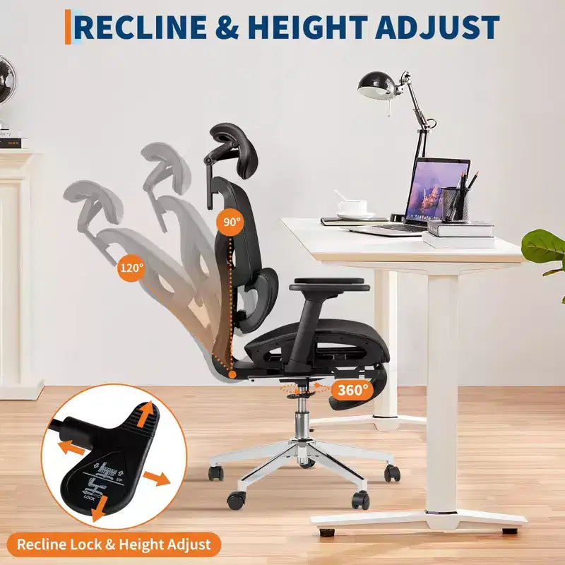 Ergonomic Office Chair with Footrest, Mesh Computer Desk Chair with Adjustable Lumbar Support, Headrest and Armrest, for Office