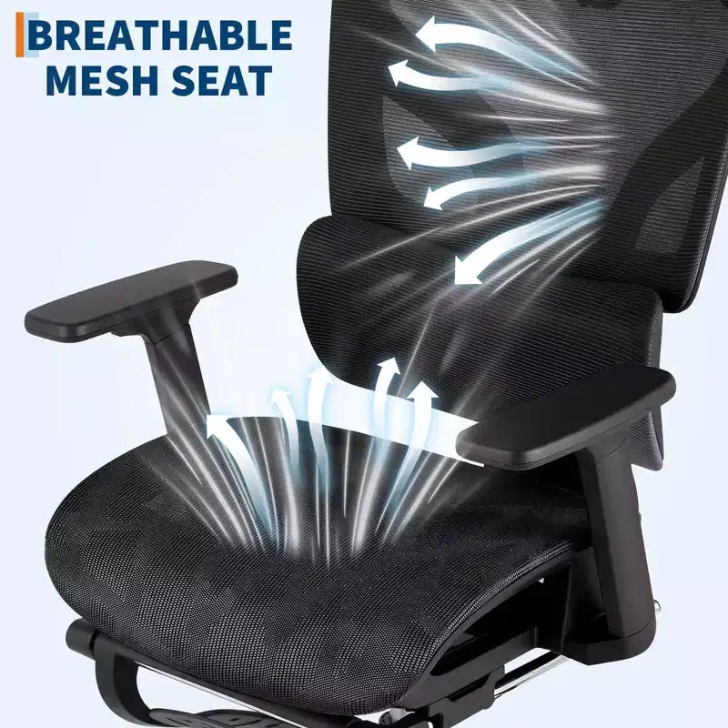 Ergonomic Office Chair with Footrest, Mesh Computer Desk Chair with Adjustable Lumbar Support, Headrest and Armrest, for Office