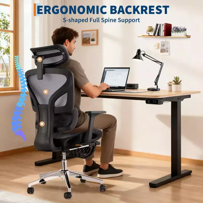 Ergonomic Office Chair with Footrest, Mesh Computer Desk Chair with Adjustable Lumbar Support, Headrest and Armrest, for Office