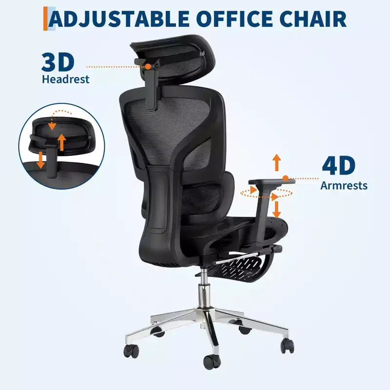 Ergonomic Office Chair with Footrest, Mesh Computer Desk Chair with Adjustable Lumbar Support, Headrest and Armrest, for Office