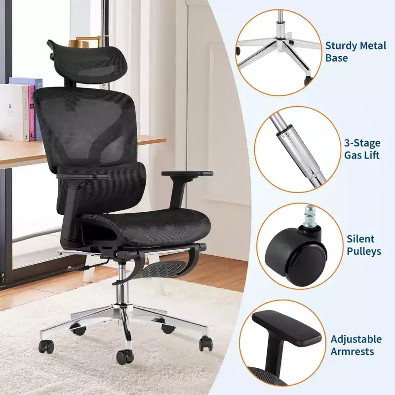 Ergonomic Office Chair with Footrest, Mesh Computer Desk Chair with Adjustable Lumbar Support, Headrest and Armrest, for Office