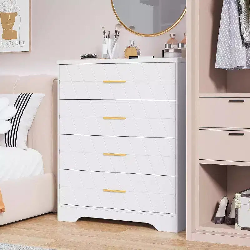4 Drawer Wooden Dressers for Bedroom, Wood Chest of Drawers with Gold Handles, Modern Nightstand for Bedside, Wooden Storage Organizer Cabinet