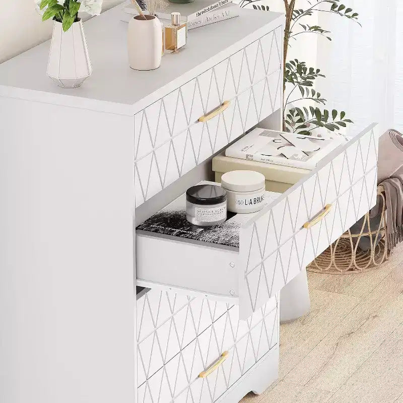 4 Drawer Wooden Dressers for Bedroom, Wood Chest of Drawers with Gold Handles, Modern Nightstand for Bedside, Wooden Storage Organizer Cabinet