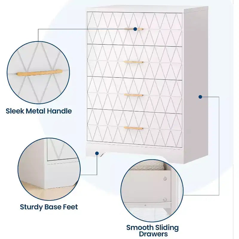 4 Drawer Wooden Dressers for Bedroom, Wood Chest of Drawers with Gold Handles, Modern Nightstand for Bedside, Wooden Storage Organizer Cabinet