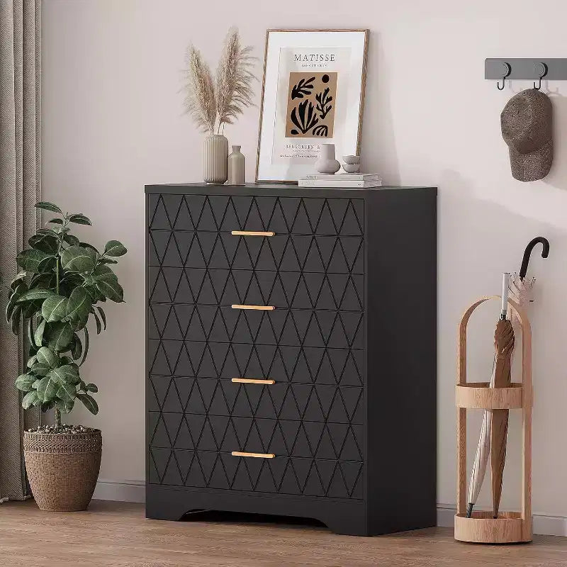 4 Drawer Wooden Dressers for Bedroom, Wood Chest of Drawers with Gold Handles, Modern Nightstand for Bedside, Wooden Storage Organizer Cabinet