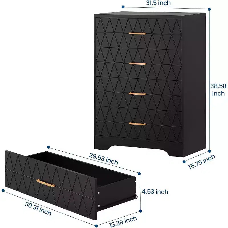 4 Drawer Wooden Dressers for Bedroom, Wood Chest of Drawers with Gold Handles, Modern Nightstand for Bedside, Wooden Storage Organizer Cabinet