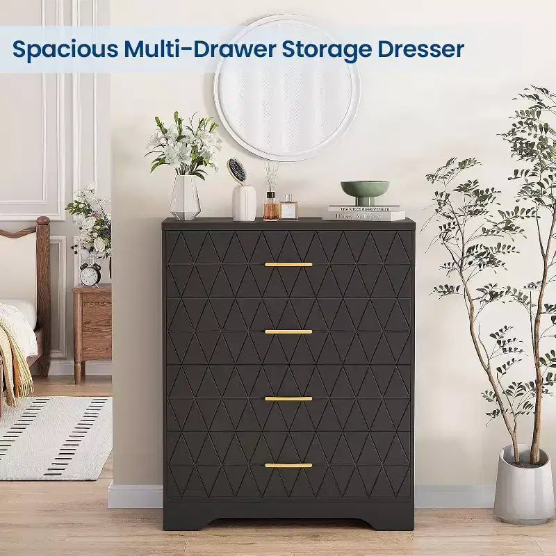 4 Drawer Wooden Dressers for Bedroom, Wood Chest of Drawers with Gold Handles, Modern Nightstand for Bedside, Wooden Storage Organizer Cabinet
