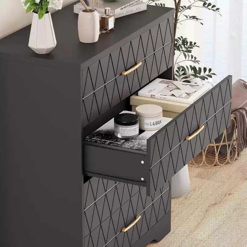 4 Drawer Wooden Dressers for Bedroom, Wood Chest of Drawers with Gold Handles, Modern Nightstand for Bedside, Wooden Storage Organizer Cabinet