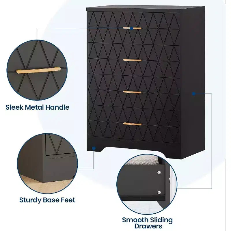 4 Drawer Wooden Dressers for Bedroom, Wood Chest of Drawers with Gold Handles, Modern Nightstand for Bedside, Wooden Storage Organizer Cabinet