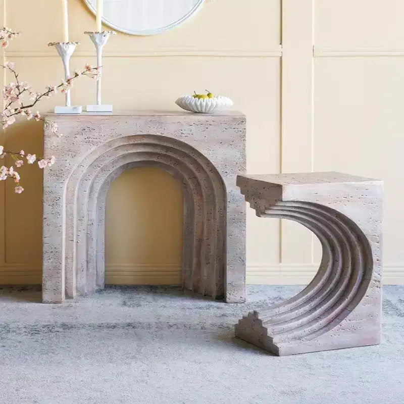 GDFStudio Taehyung Modern Lightweight Concrete Sculptural Arched Side Table with Faux Travertine Finish