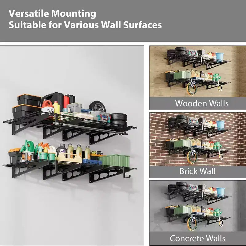 Garage Wall Shelving, 2-Piece 2x6 FT Heavy Duty Steel Storage Racks, Black, for Garage Basement Organization