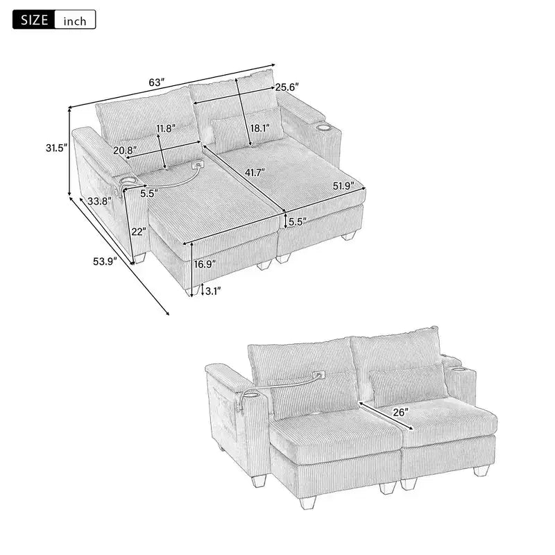 MAYEERTY Convertible Chaise Loveseat Sofa Bed Corduroy Sleeper Sofa with Ports Two Cup Holders for Living Room Black