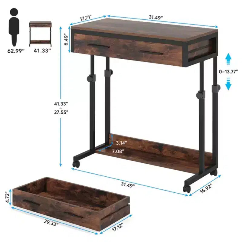 NAYSAYE Mobile Office Desk End Table Height Adjustable Rolling Writing Table with Drawer Shelf for Home Office, Black and Brown, 31.52*17.73*42.16