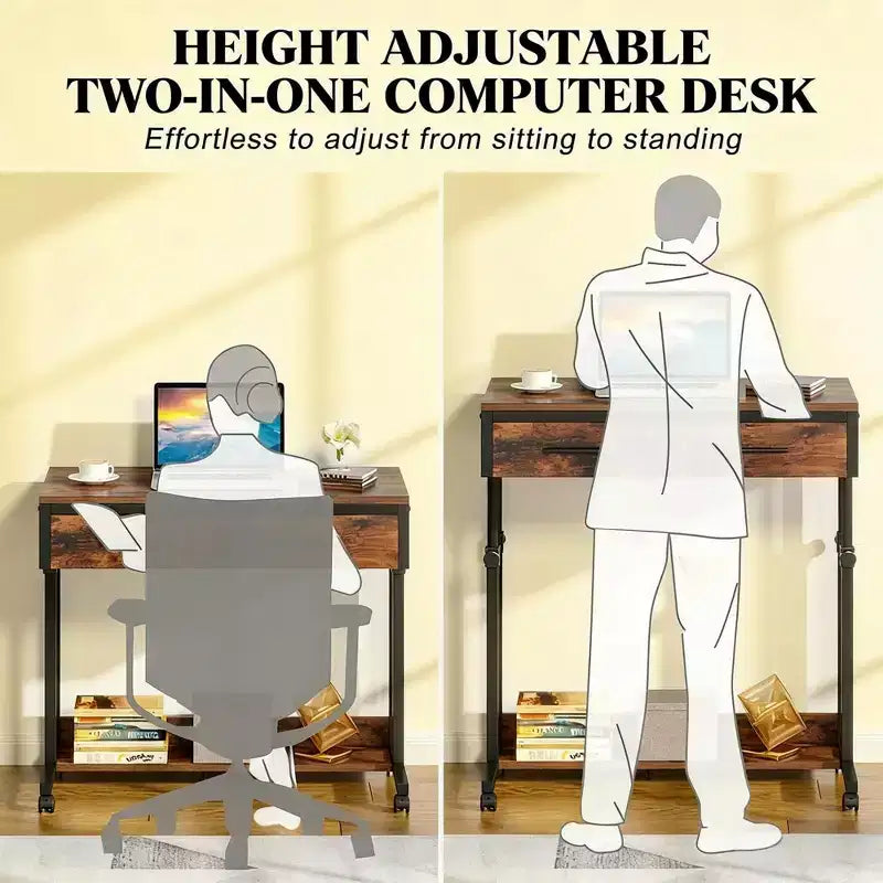 NAYSAYE Mobile Office Desk End Table Height Adjustable Rolling Writing Table with Drawer Shelf for Home Office, Black and Brown, 31.52*17.73*42.16